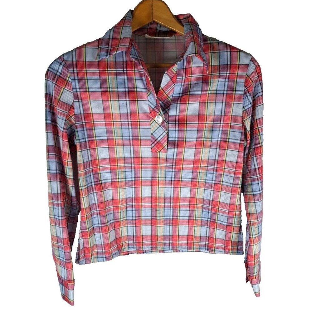 Vintage Smartique Womens Top Long Sleeves Plaid Stretchy Retro Country 1970s M
